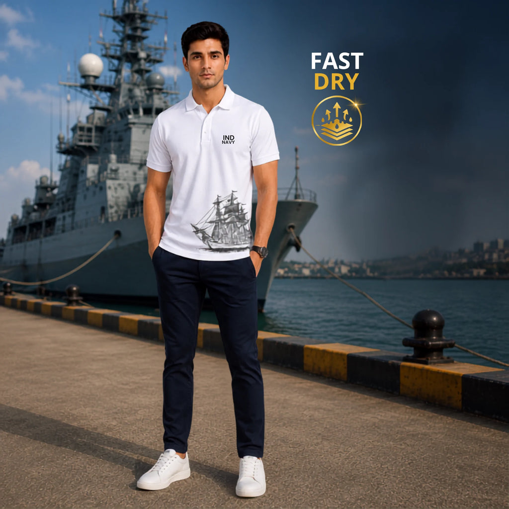 Excello Premium Indian Navy Tribute Polo T-Shirt | 210 GSM Nano Poly, Regular Fit