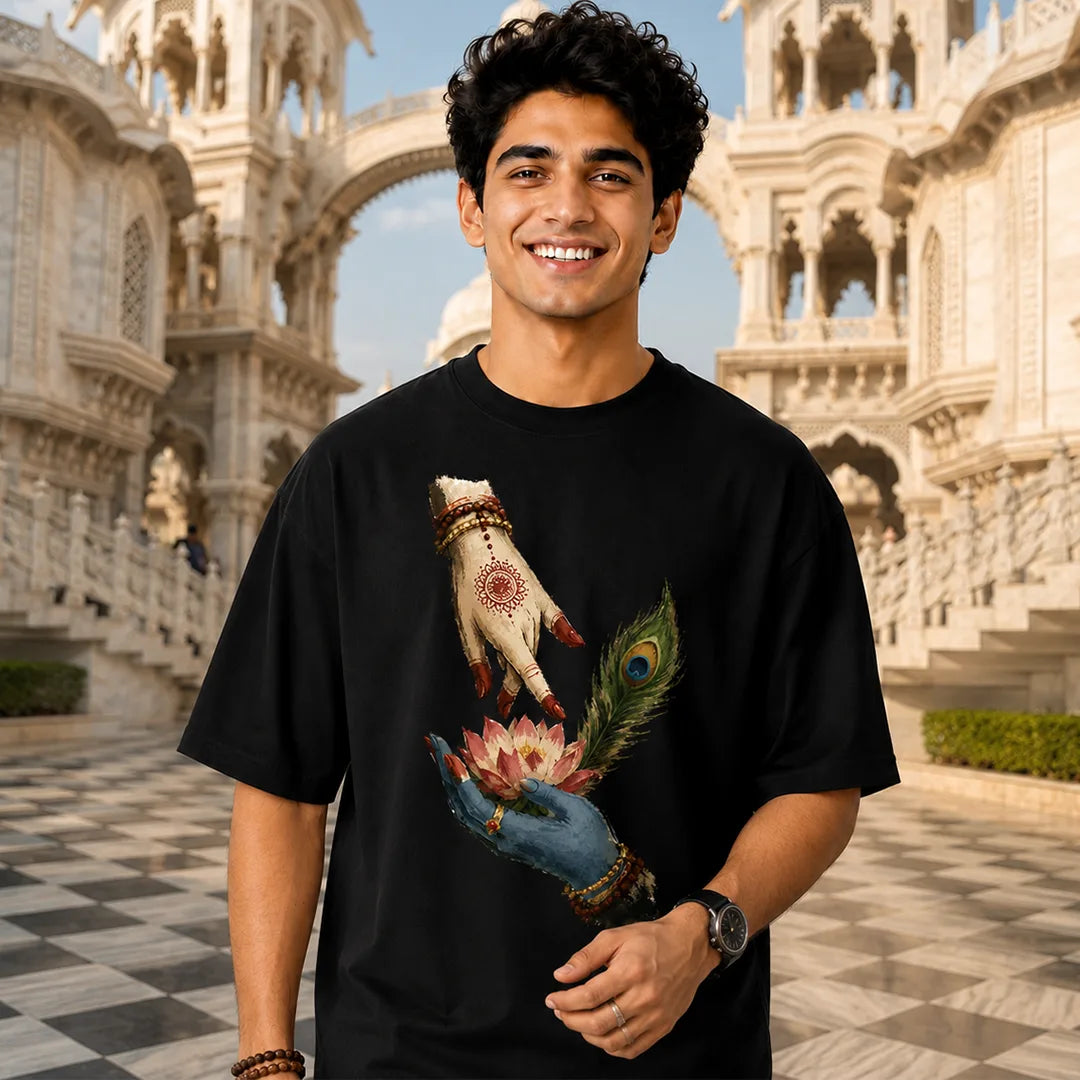 Excello Men's Divine Radha Krishna Lotus Graphic Oversized T-Shirt - 240 GSM Pure Cotton, Bio-Washed