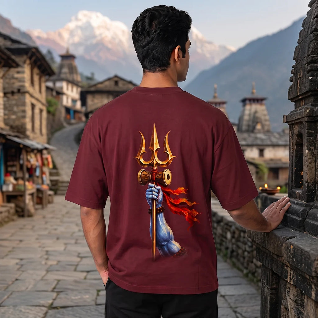 Men's Pure Cotton Oversized Printed T-Shirt | Lord Shiva Mahadev Trishul Graphic Print Drop Shoulder Loose Fit Crew Neck Tee