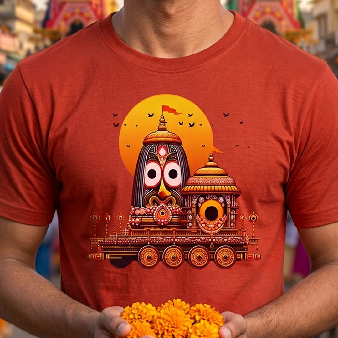 Premium Men's Pure Cotton Lord Jagannath Face & Rath Yatra Chariot Graphic T-Shirt