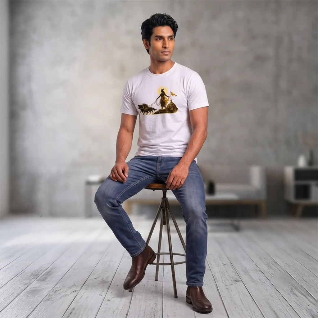 Men's Pure Cotton Regular Fit Lord Krishna Chariot Printed T-Shirt | 180 GSM Bio-Washed Bhagavad Gita Graphic Tee