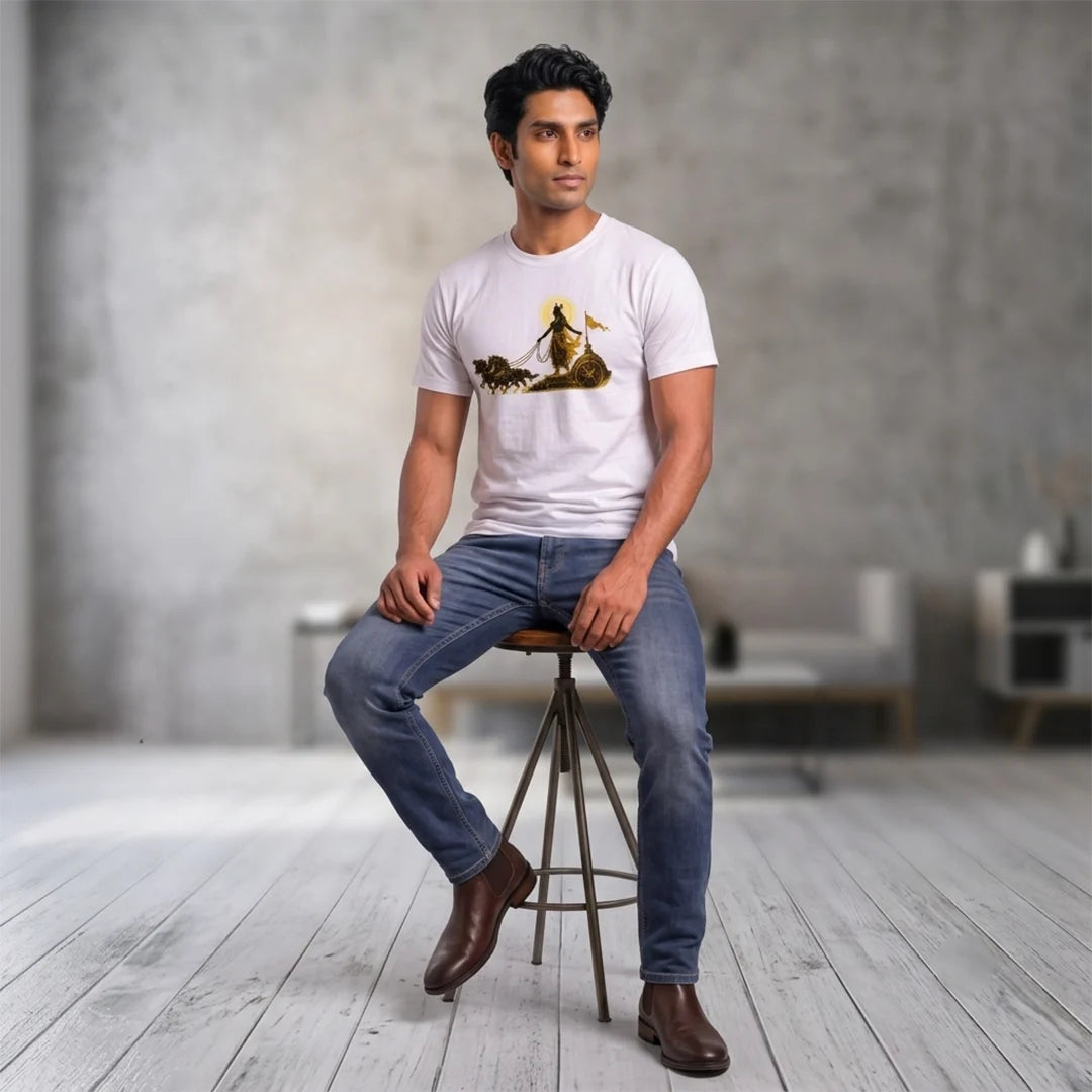 Men's Pure Cotton Regular Fit Lord Krishna Chariot Printed T-Shirt | 180 GSM Bio-Washed Bhagavad Gita Graphic Tee