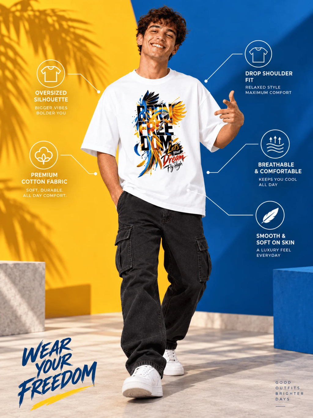Excello Men's 'Born Freedom' Bird Graphic Oversized T-Shirt | White