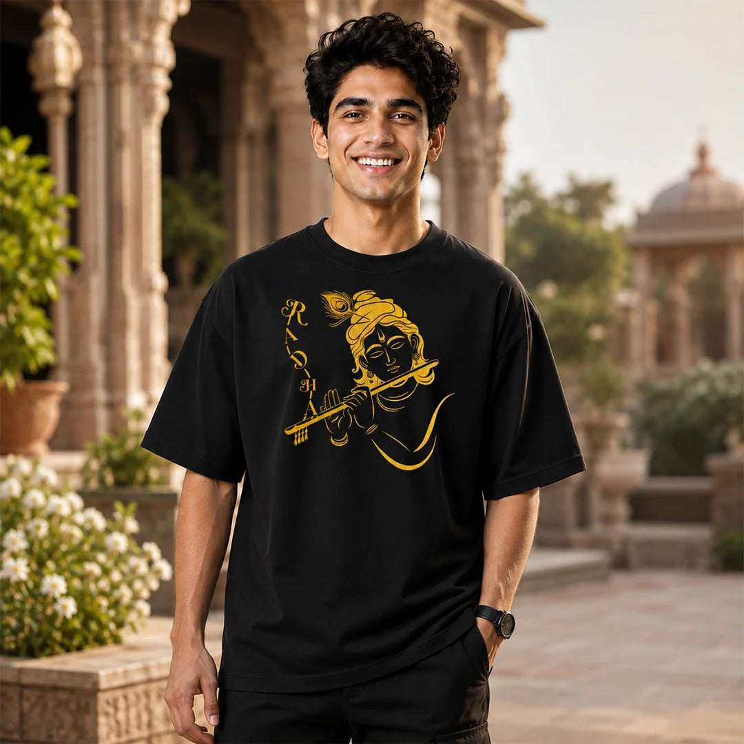 Excello Men's Radha Krishna Line Art Graphic Oversized T-Shirt - 240 GSM Pure Cotton, Bio-Washed