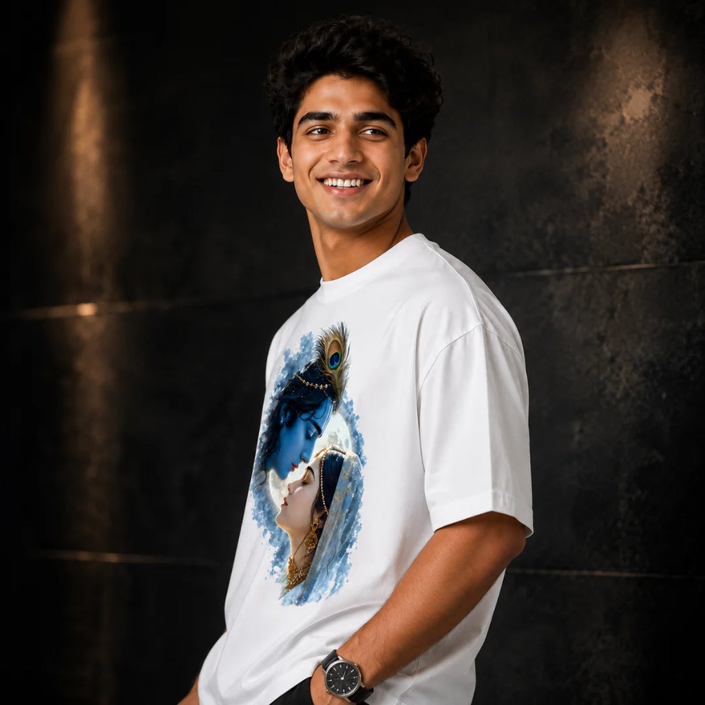 Excello Men's Divine Radha Krishna Graphic Oversized T-Shirt - 240 GSM Pure Cotton, Bio-Washed