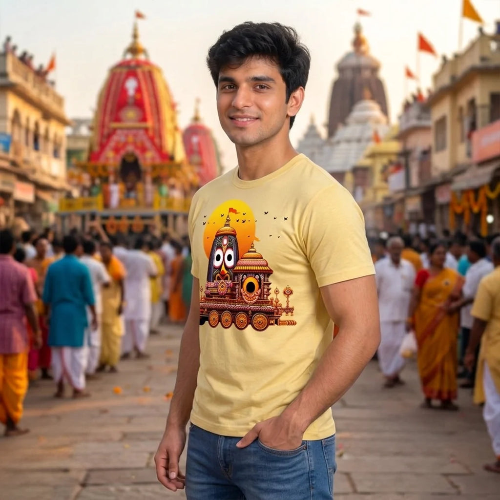 Premium Men's Pure Cotton Lord Jagannath Face & Rath Yatra Chariot Graphic T-Shirt