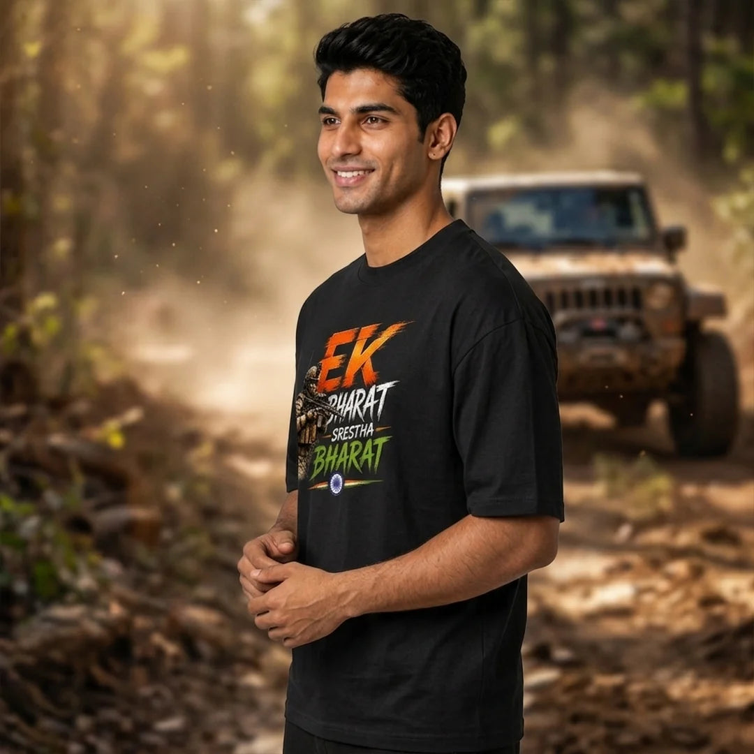 Men's "Ek Bharat Srestha Bharat" Oversized Graphic T-Shirt - 240 GSM Pure Cotton, Bio-Washed