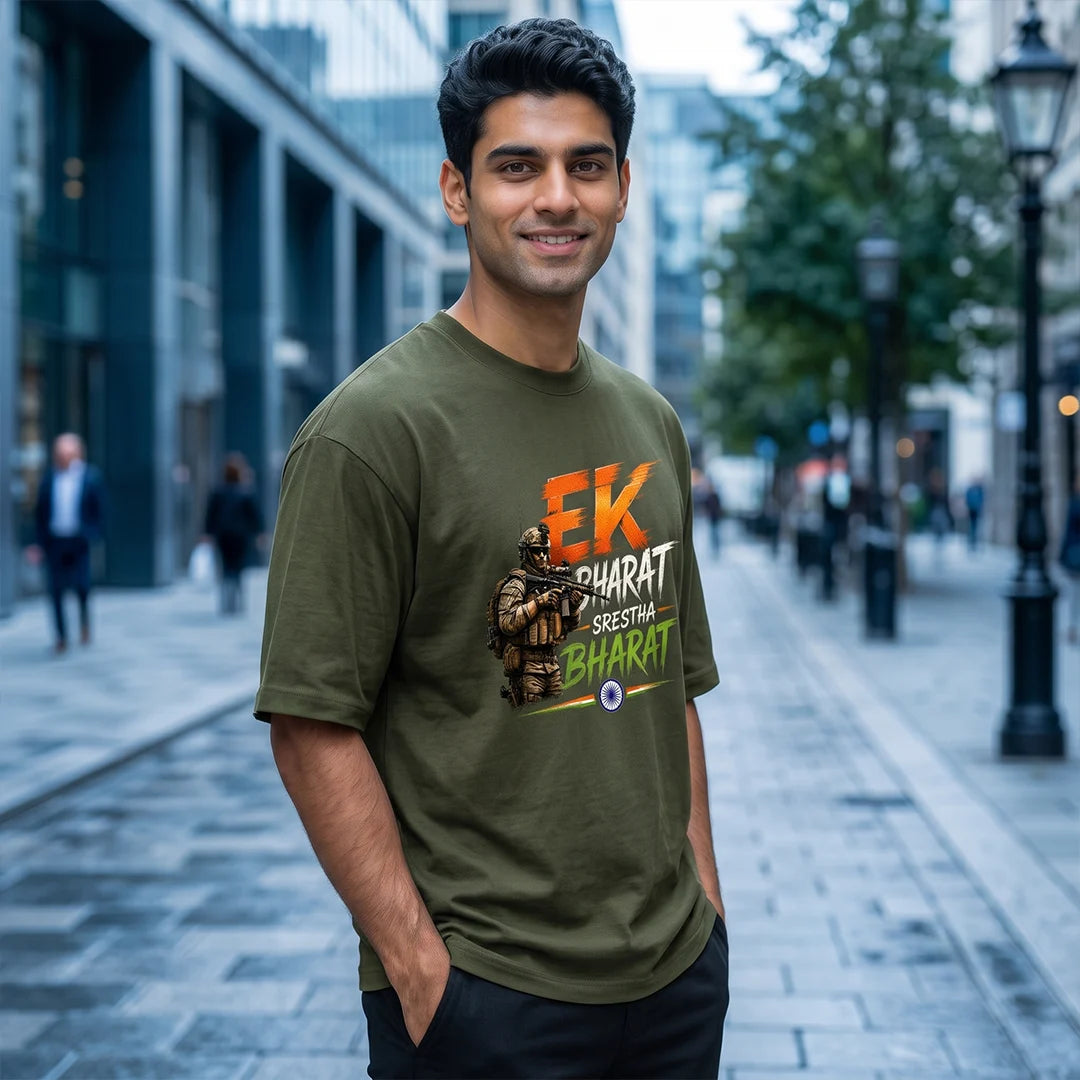 Men's "Ek Bharat Srestha Bharat" Oversized Graphic T-Shirt - 240 GSM Pure Cotton, Bio-Washed