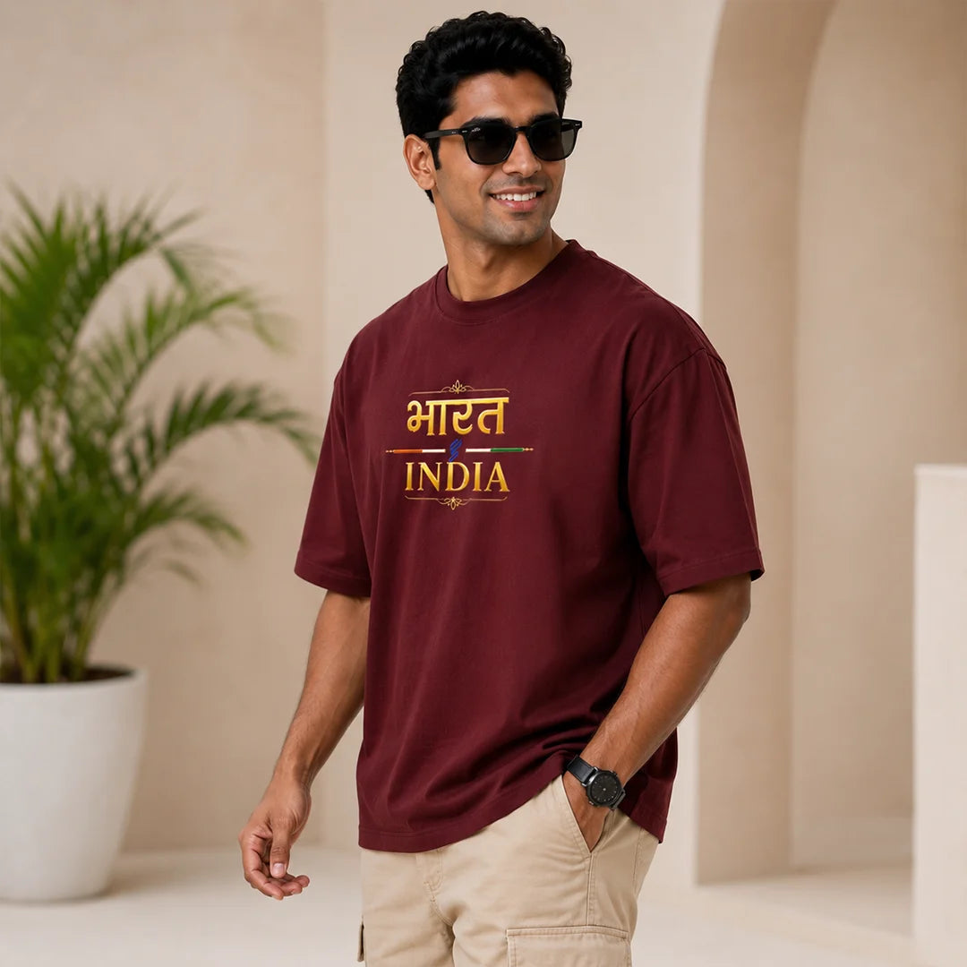 Men's "Bharat - India" Premium Oversized Graphic T-Shirt - 240 GSM Pure Cotton, Bio-Washed