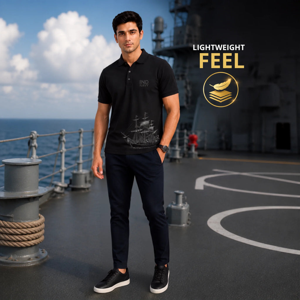 Excello Premium Indian Navy Tribute Polo T-Shirt | 210 GSM Nano Poly, Regular Fit