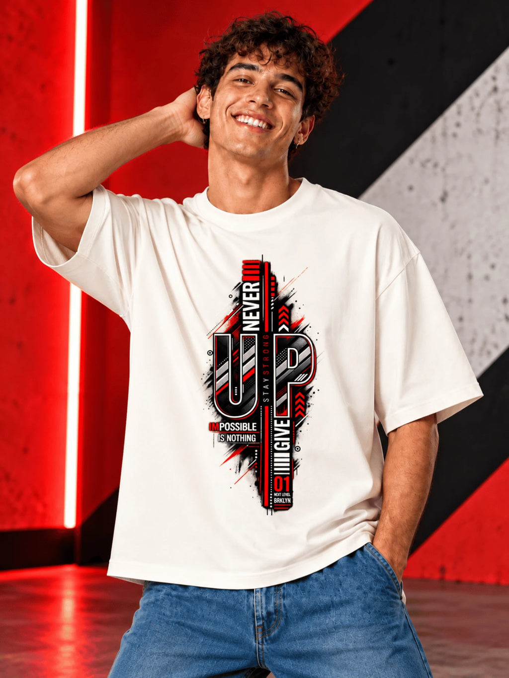Excello Men's 'Never Give Up' Motivational Graphic Oversized T-Shirt | Off  White
