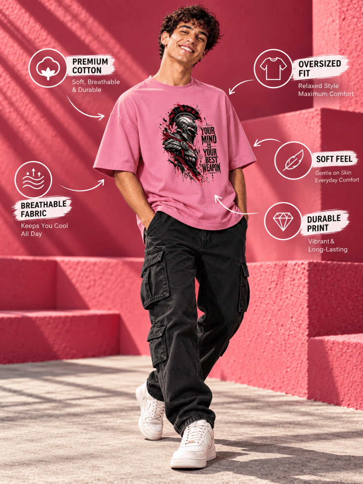 Excello Men's Spartan 'Your Mind Is Your Best Weapon' Graphic Oversized T-Shirt |  Rose Pink