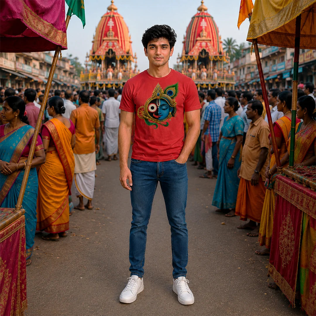 Men's Pure Cotton Lord Jagannath & Sri Krishna Fusion Graphic Printed T-Shirt