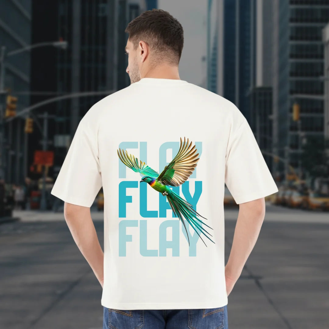 FLAY Men's Premium Oversized Graphic T-Shirt – 100% Rich Cotton, 220 GSM Heavyweight White Tee with Bird Back Print