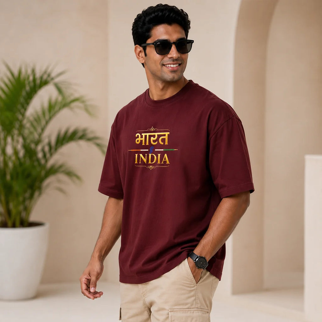 Men's "Bharat - India" Premium Oversized Graphic T-Shirt - 240 GSM Pure Cotton, Bio-Washed