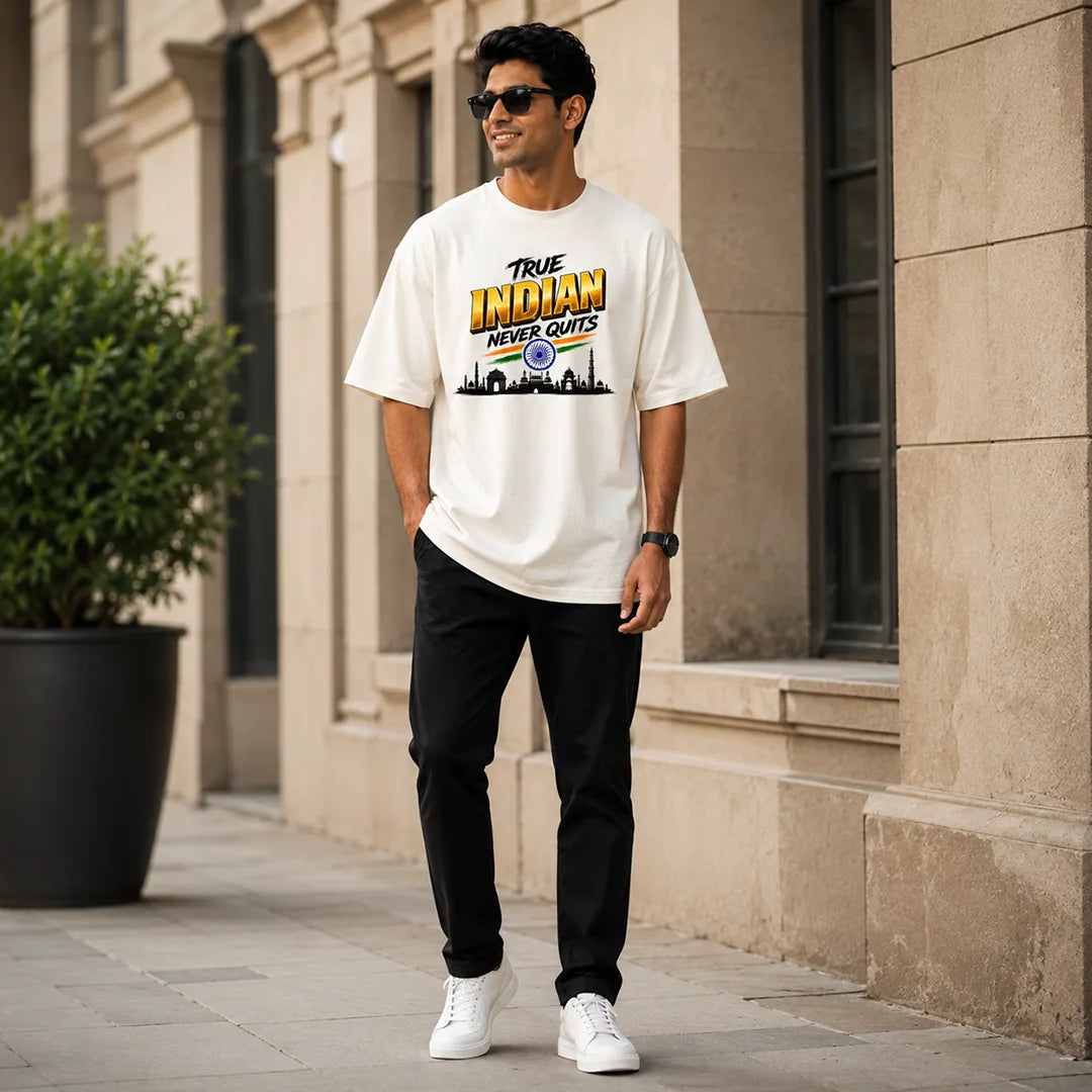 Men's "True Indian Never Quits" Oversized Graphic T-Shirt - 240 GSM Pure Cotton, Bio-Washed