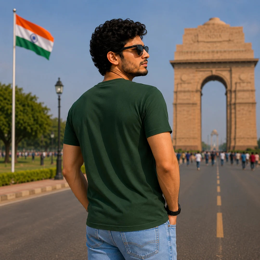 Excello Men's Patriotic Ashoka Chakra Graphic T-Shirt | 180 GSM Pure Cotton | Double Bio-Washed | Premium DTF Print