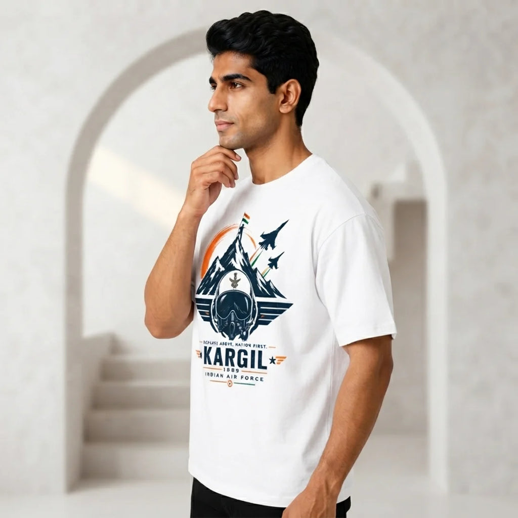 Men's Oversized Graphic T-Shirt - Kargil 1999 Indian Air Force Tribute, 240 GSM Pure Cotton, Bio-Washed