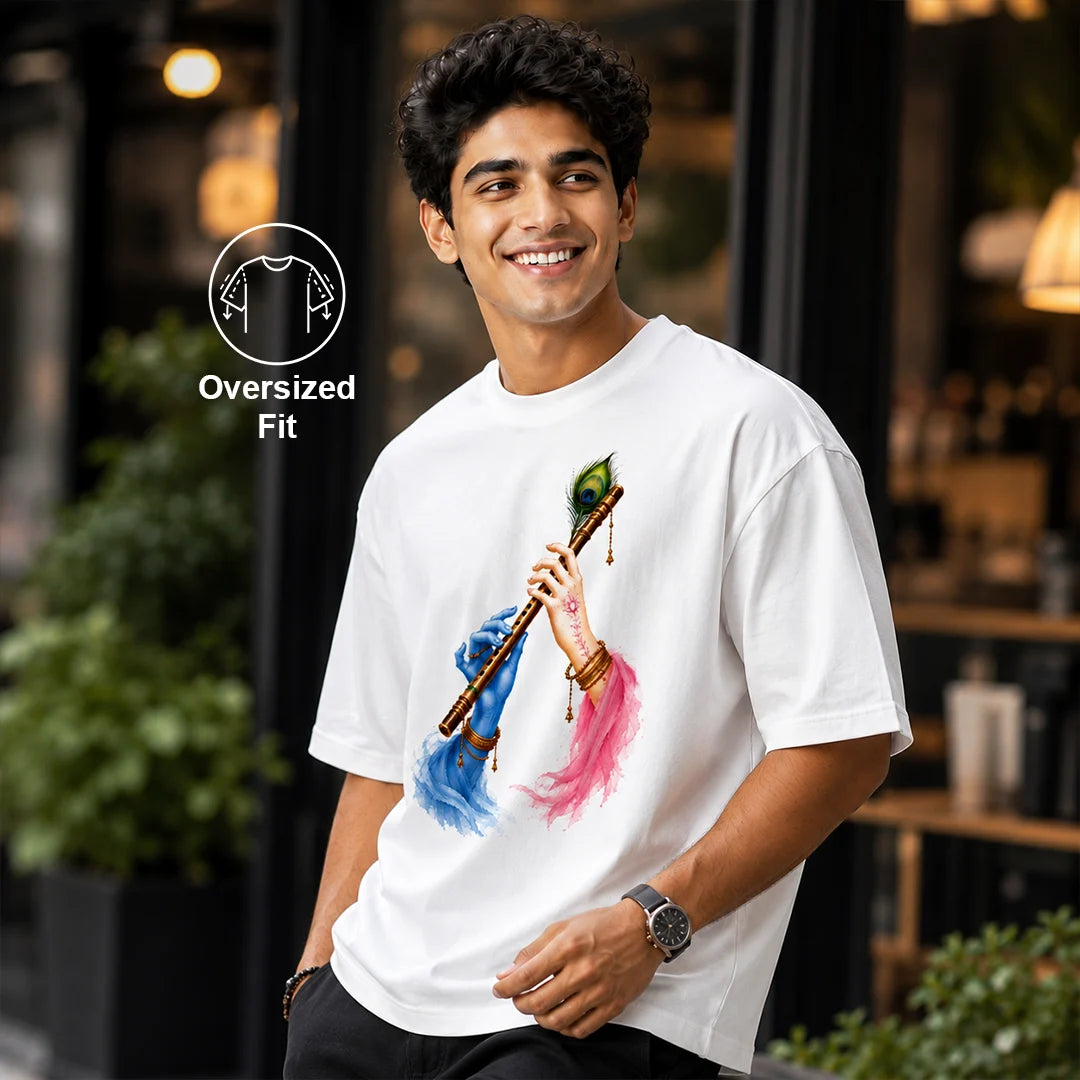 Excello Men's Divine Radha Krishna Flute Graphic Oversized T-Shirt - 240 GSM Pure Cotton, Bio-Washed