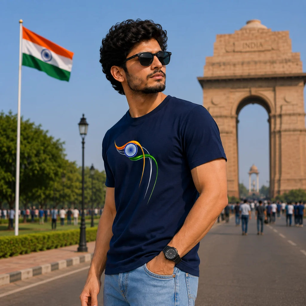 Excello Men's Patriotic Ashoka Chakra Graphic T-Shirt | 180 GSM Pure Cotton | Double Bio-Washed | Premium DTF Print