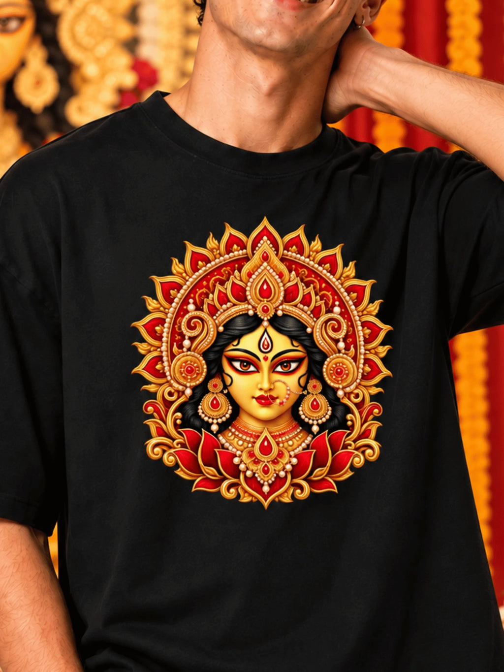 Excello Men's Divine Maa Durga Portrait Graphic Oversized T-Shirt | Black