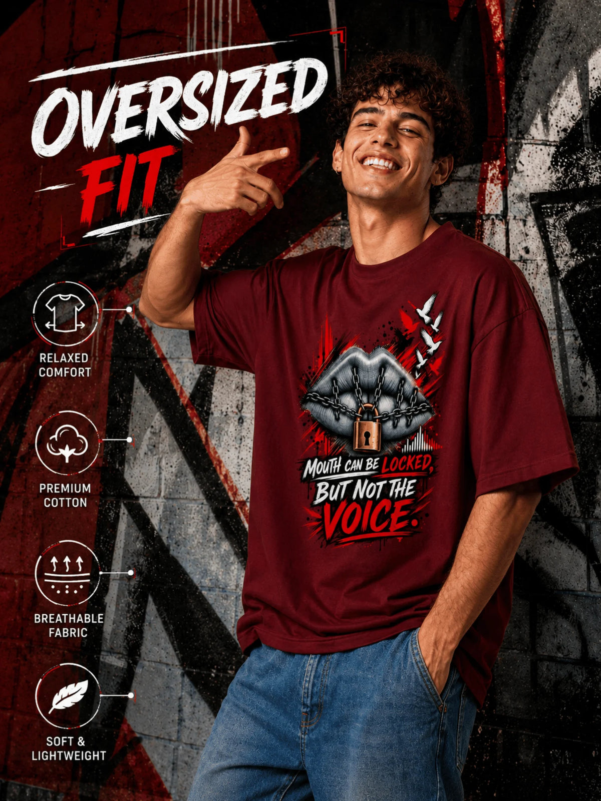 Excello Men's 'Unstoppable Voice' Typography Graphic Oversized T-Shirt | Maroon