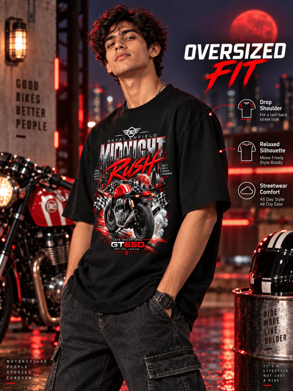 Excello Men's Royal Enfield GT 650 'Midnight Rush' Graphic Oversized T-Shirt | Black