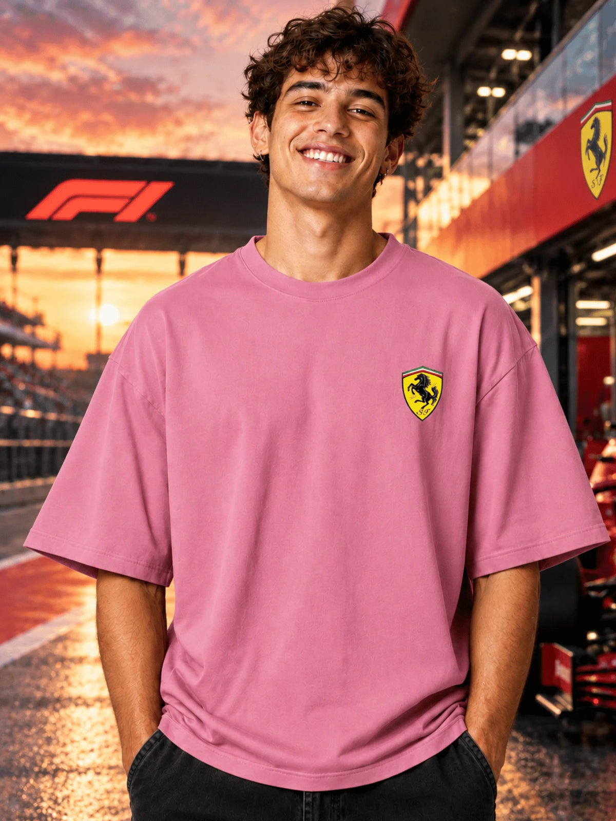 Excello Men's Hamilton Legend Racing Graphic Oversized T-Shirt | Rose Pink