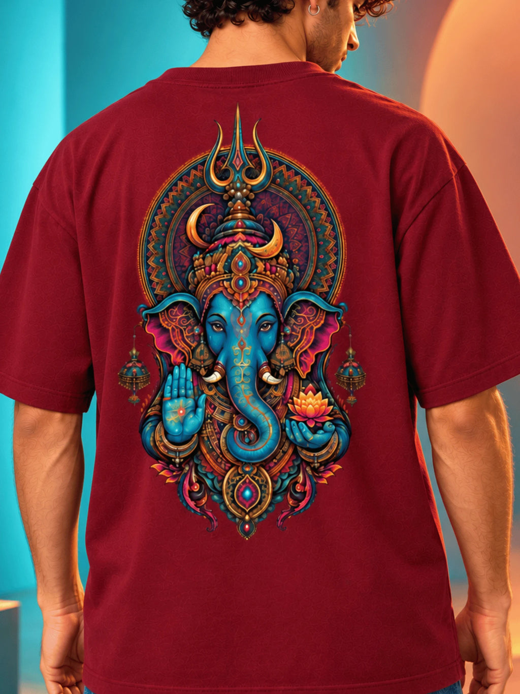 Excello Men's Divine Ganesha Trishul Graphic Oversized T-Shirt - 240 GSM Pure Cotton, Bio-Washed-Maroon