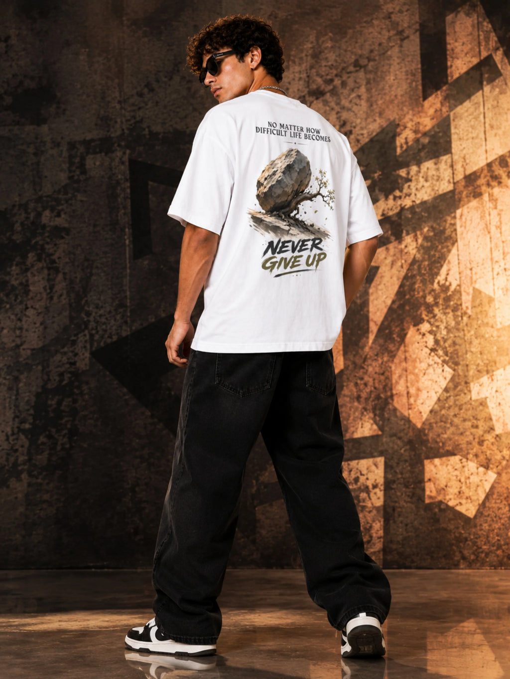 Excello Men's 'Never Give Up' Resilience Graphic Oversized T-Shirt | White
