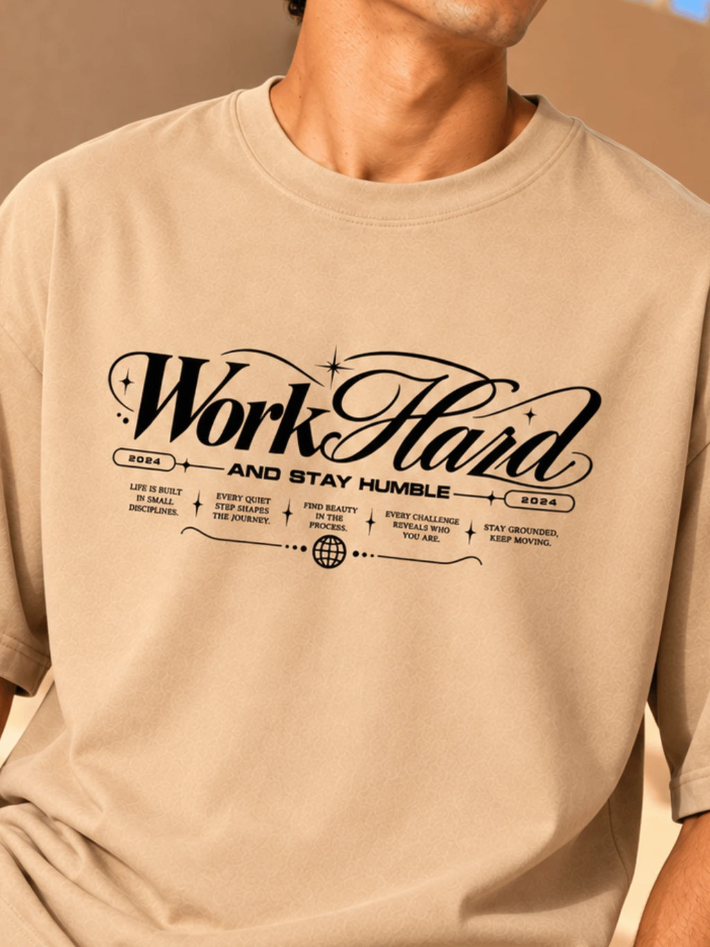 Excello Men's 'Work Hard' Motivational Typography Oversized T-Shirt |  Beige