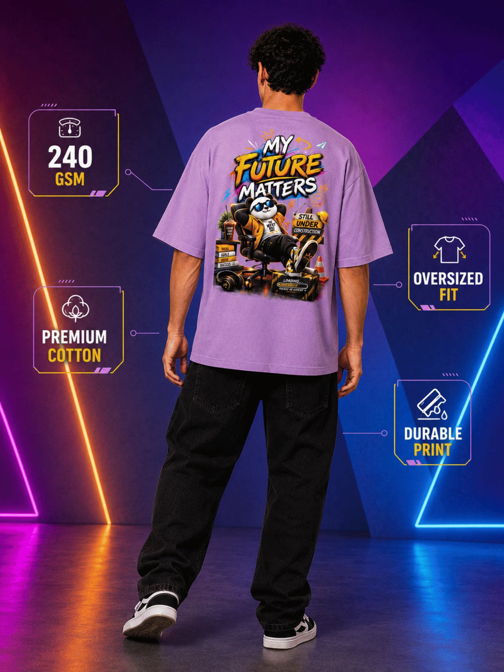 Excello Men's 'My Future Matters' Panda Graphic Oversized T-Shirt | Lavender