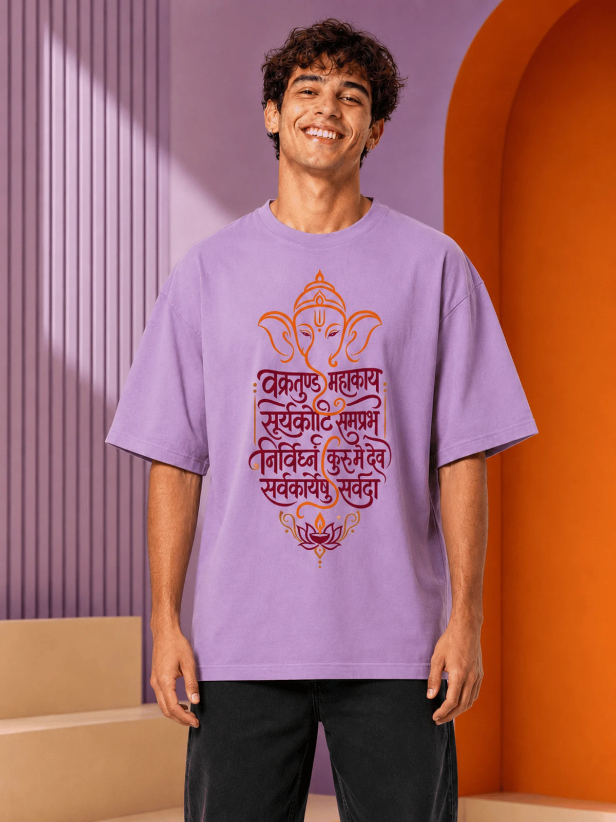 Excello Men's Vakratunda Mahakaya Ganesha Graphic Oversized T-Shirt - 240 GSM Pure Cotton, Bio-Washed-Lavender