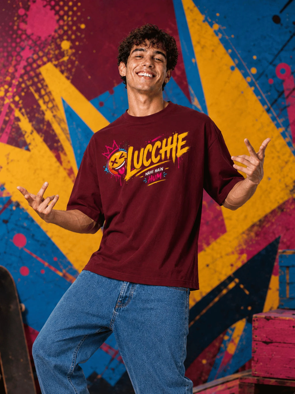 Excello Men's 'Lucchhe Nahi Hain Hum' Graphic Oversized T-Shirt | Maroon