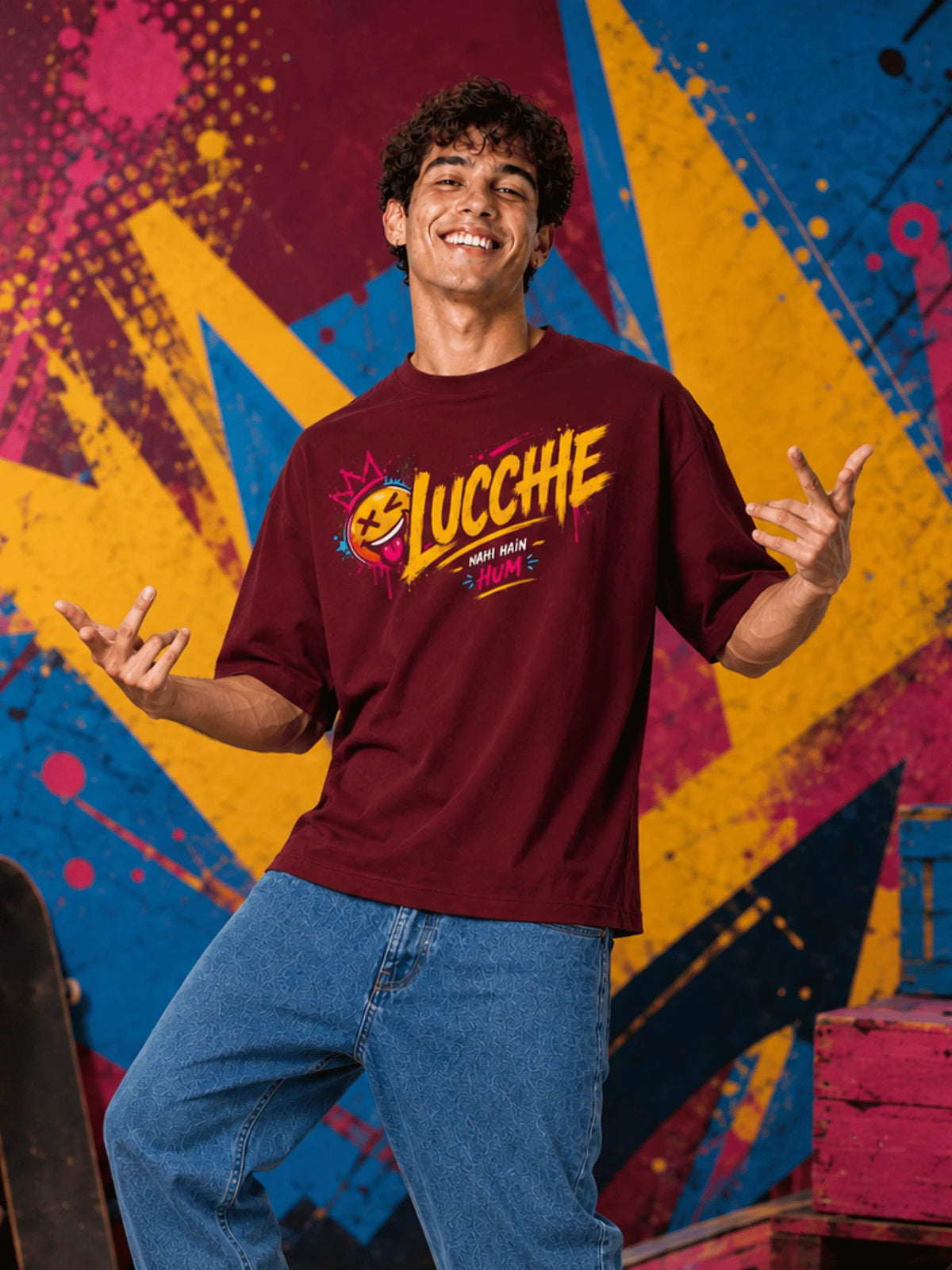 Excello Men's 'Lucchhe Nahi Hain Hum' Graphic Oversized T-Shirt | Maroon