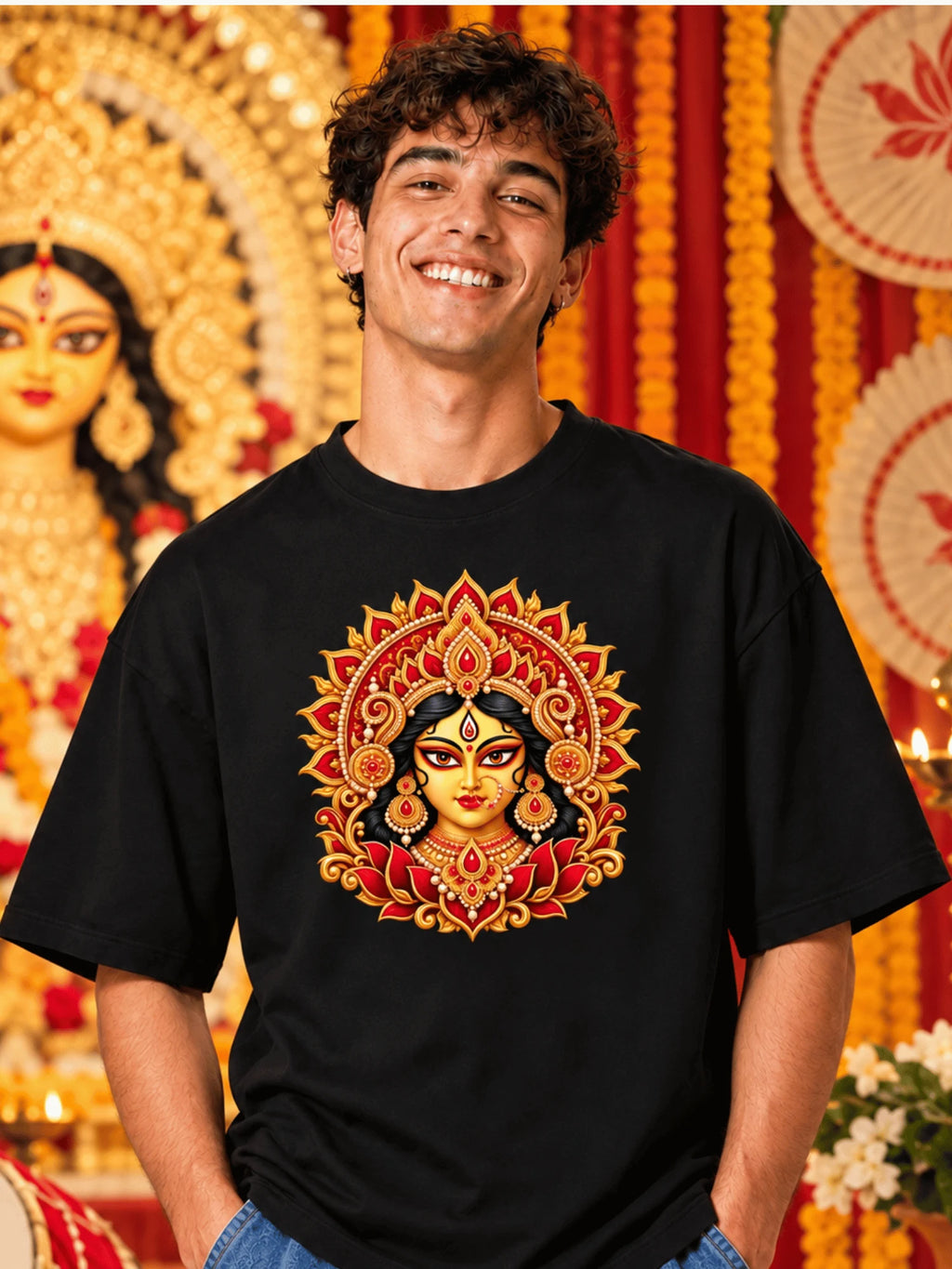 Excello Men's Divine Maa Durga Portrait Graphic Oversized T-Shirt | Black