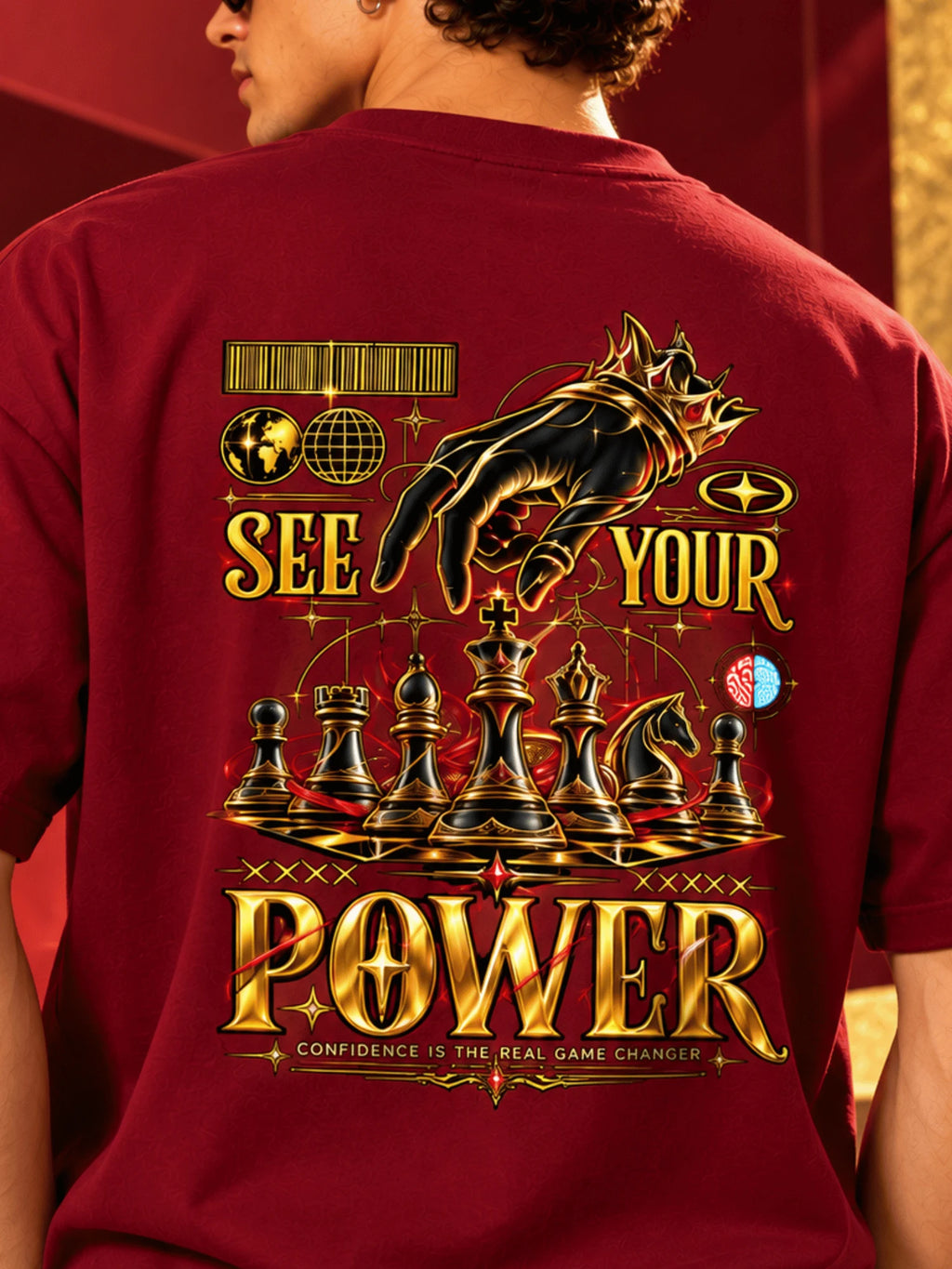 Excello Men's 'See Your Power' Chess Graphic Oversized T-Shirt | Maroon
