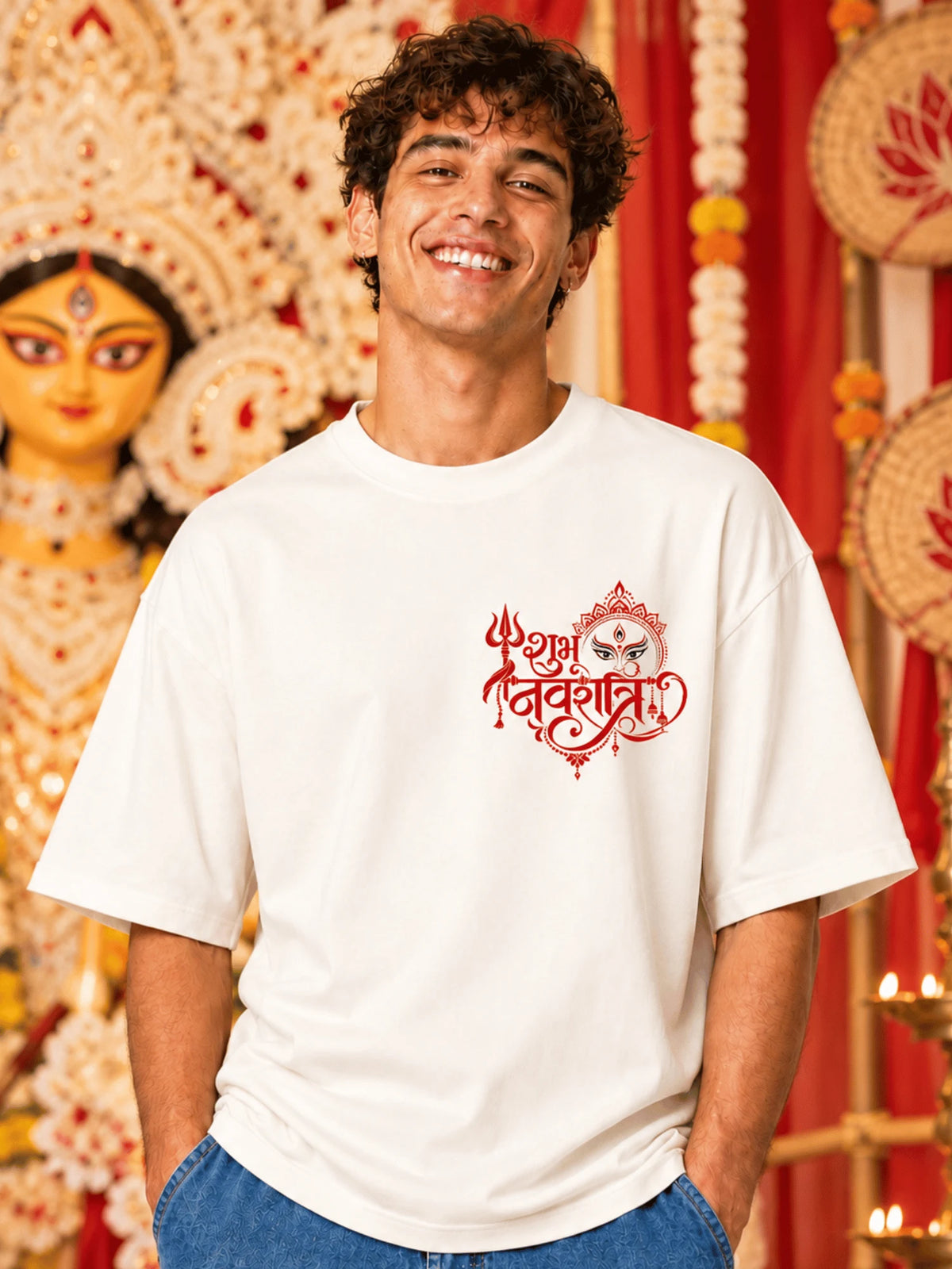 Excello Men's Shubh Navratri Graphic Oversized T-Shirt | Off White