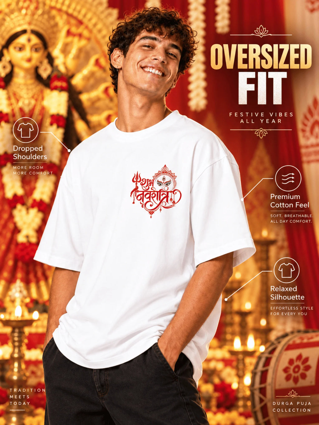 Excello Men's Shubh Navratri Graphic Oversized T-Shirt | White