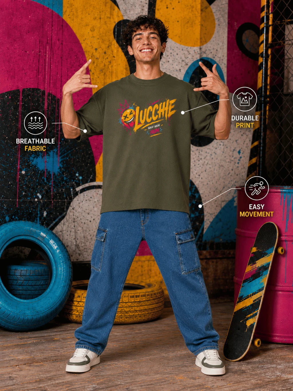 Excello Men's 'Lucchhe Nahi Hain Hum' Graphic Oversized T-Shirt | Olive