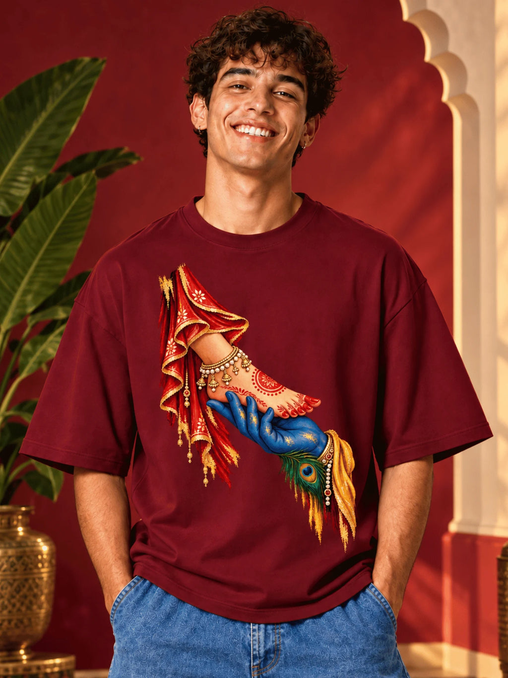 Excello Men's Divine Radha Krishna Love Graphic Oversized T-Shirt - 240 GSM | Maroon