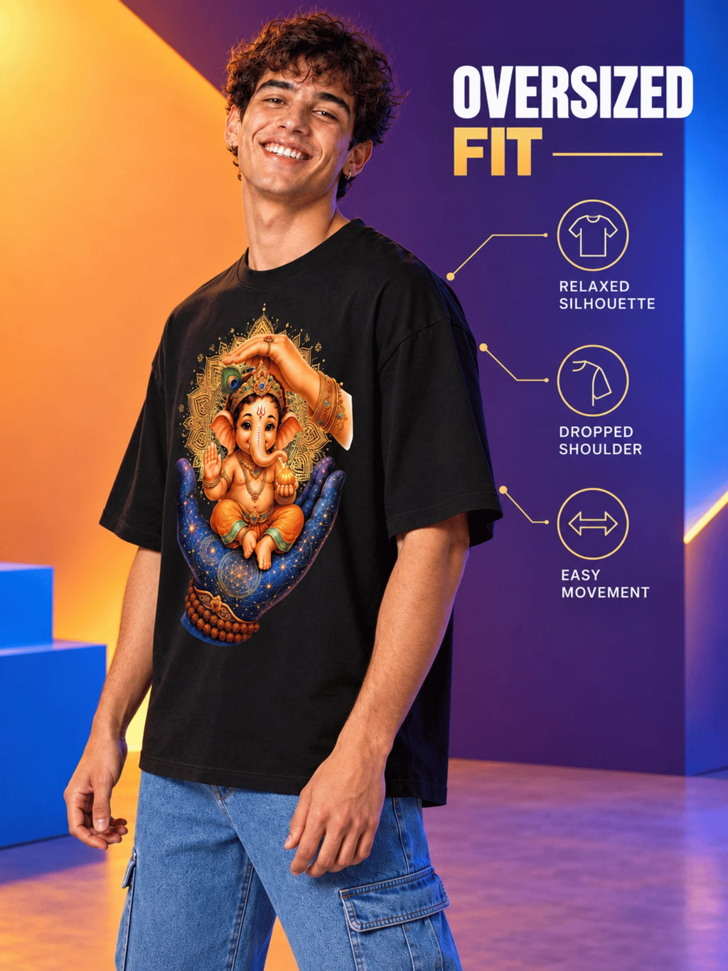 Excello Men's Divine Ganesha Blessing Graphic Oversized T-Shirt - 240 GSM Pure Cotton, Bio-Washed-Black