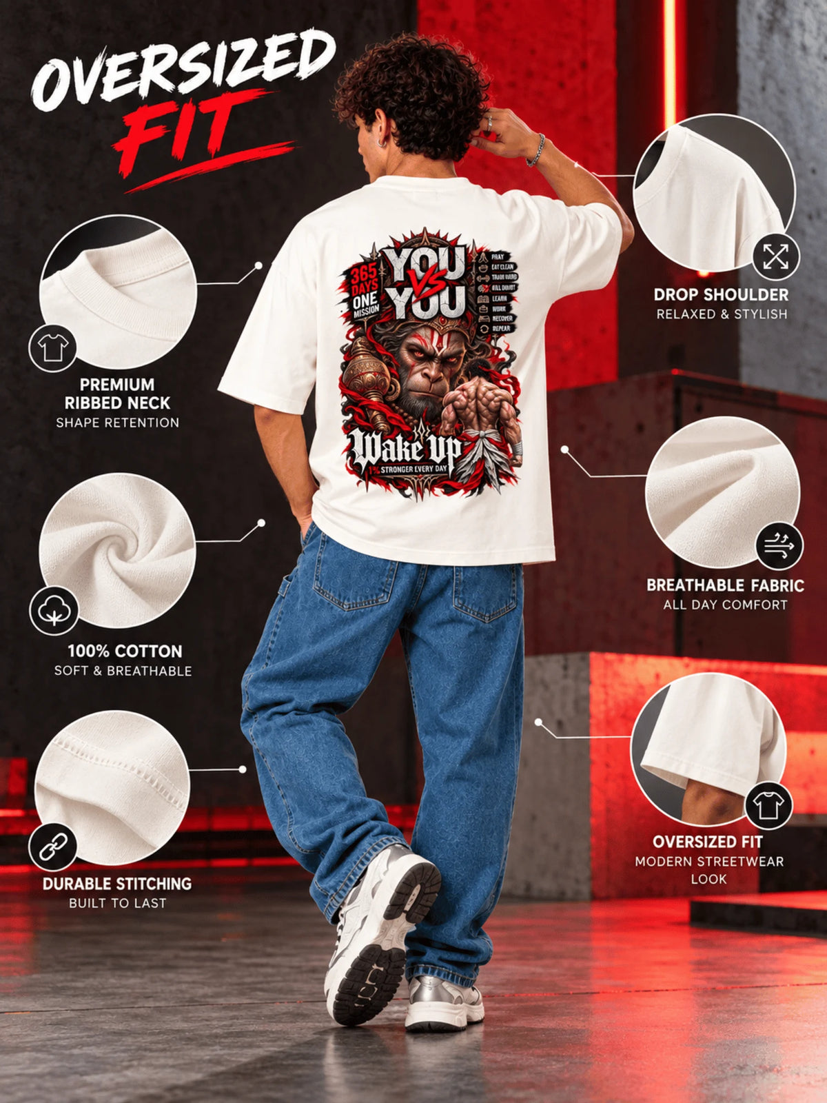 Excello Men's 'You vs You' Hanuman Graphic Oversized T-Shirt | Off White