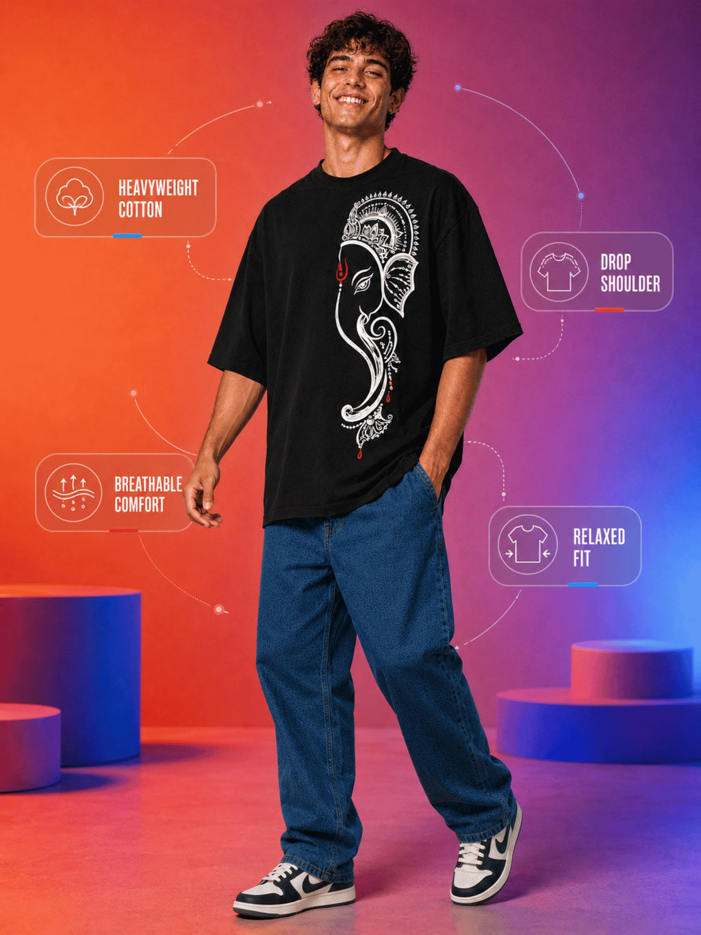 Excello Men's Minimalist Ganesha Line Art Graphic Oversized T-Shirt - 240 GSM Pure Cotton, Bio-Washed-Black