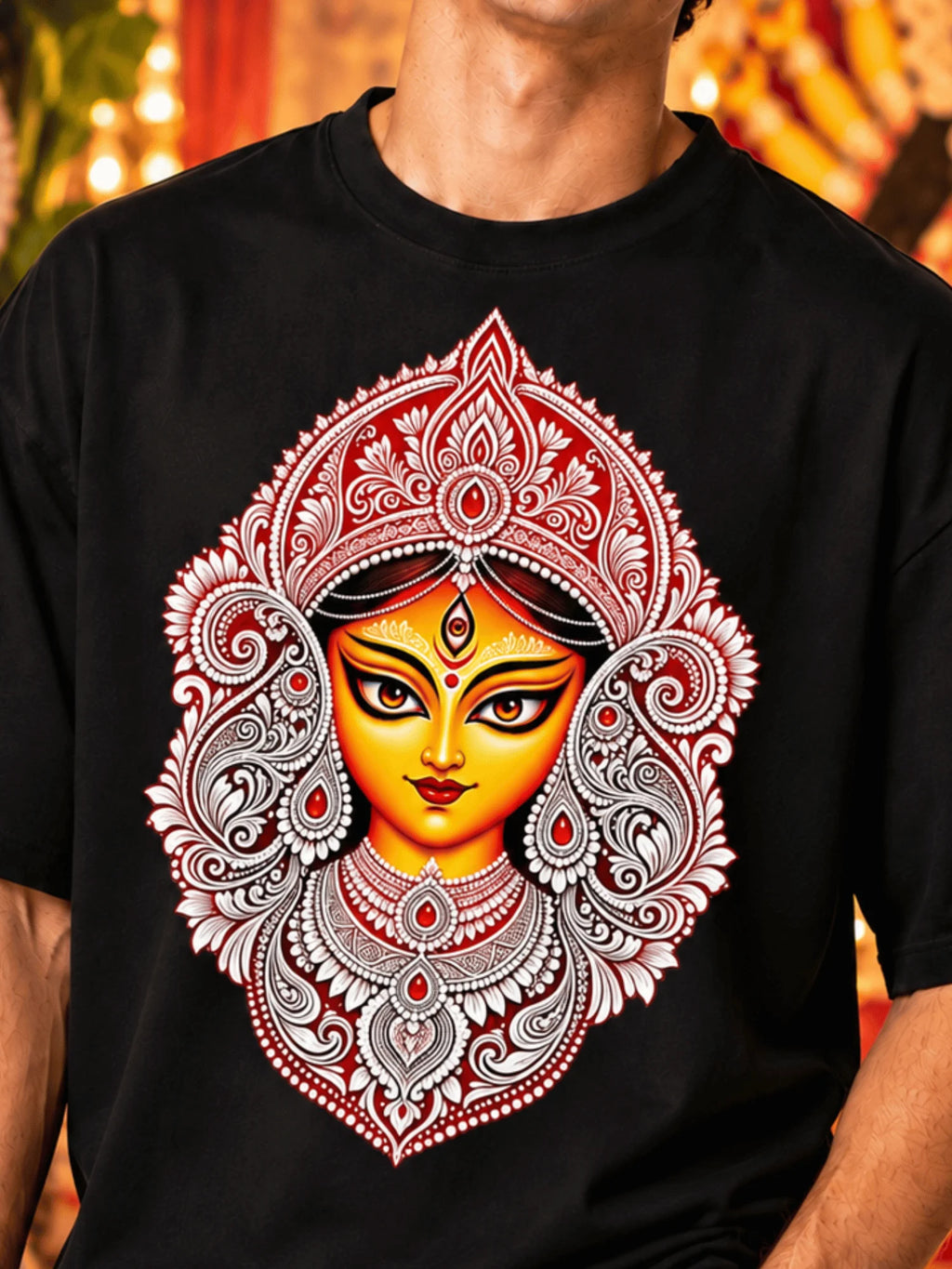 Excello Men's Divine Maa Durga Ornate Portrait Graphic Oversized T-Shirt | Black