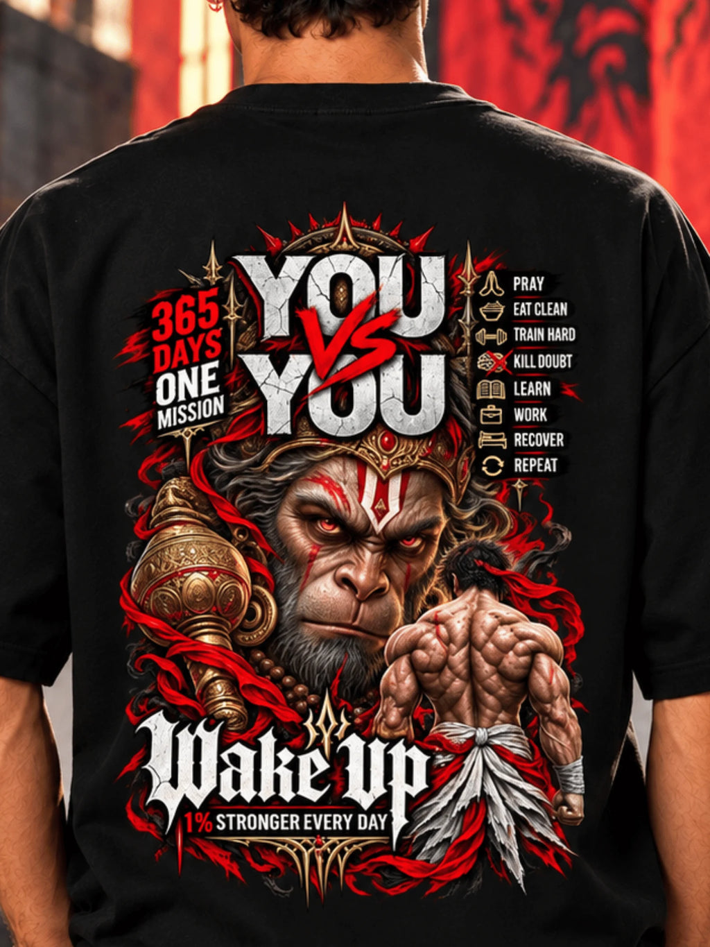 Excello Men's 'You vs You' Hanuman Graphic Oversized T-Shirt | Black