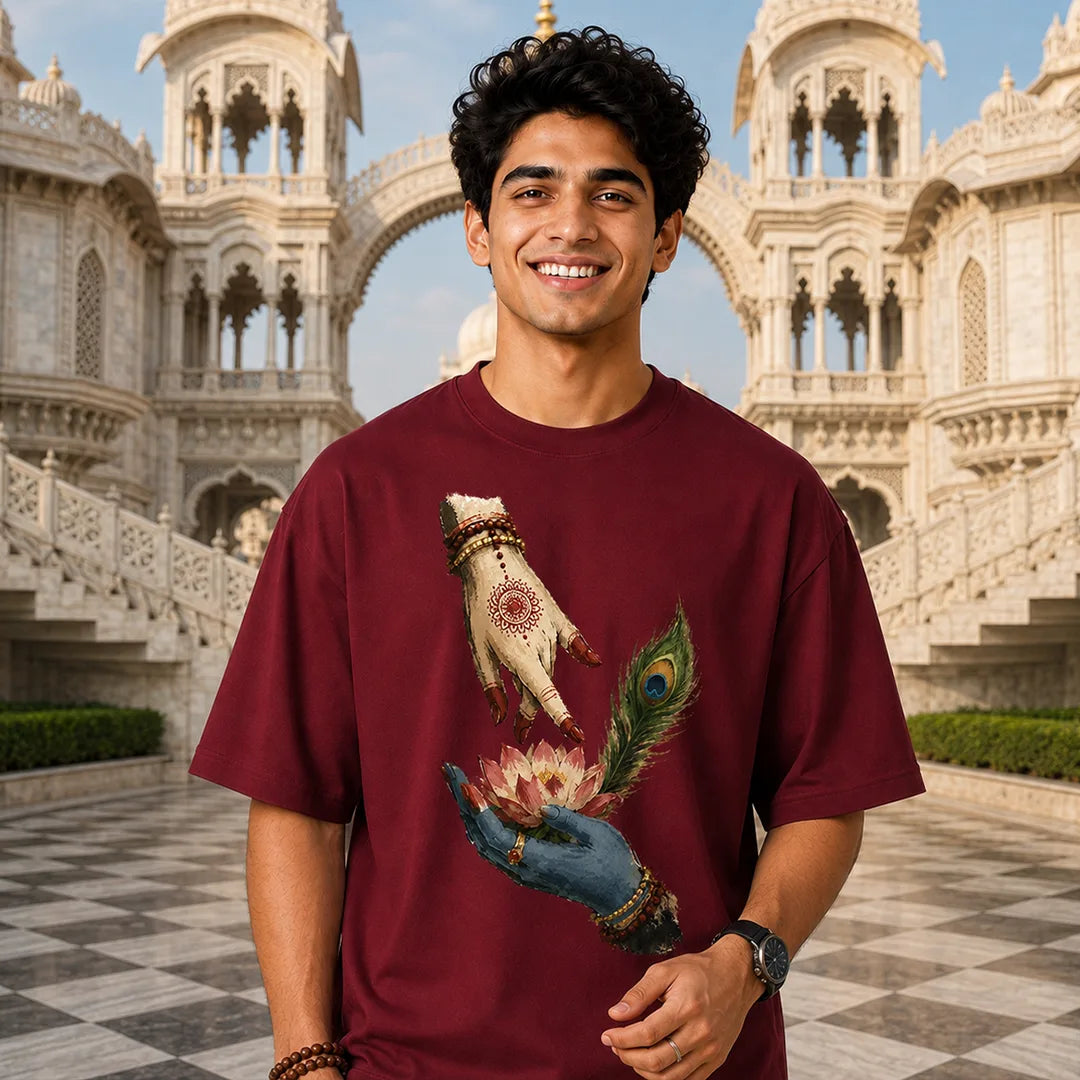 Excello Men's Divine Radha Krishna Lotus Graphic Oversized T-Shirt - 240 GSM Pure Cotton, Bio-Washed