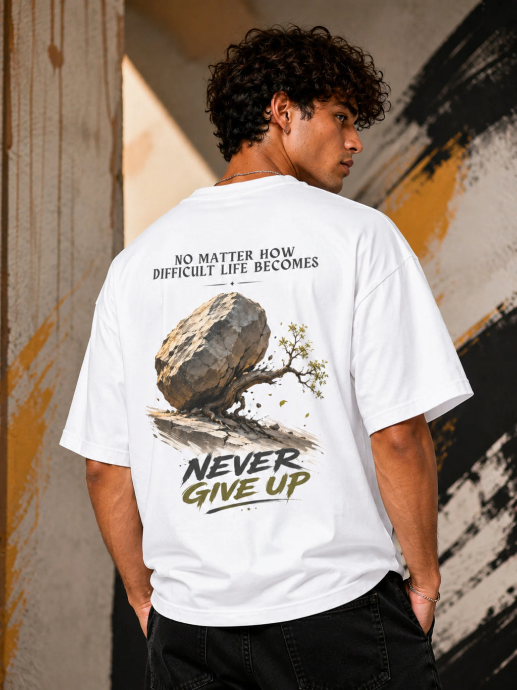 Excello Men's 'Never Give Up' Resilience Graphic Oversized T-Shirt | White