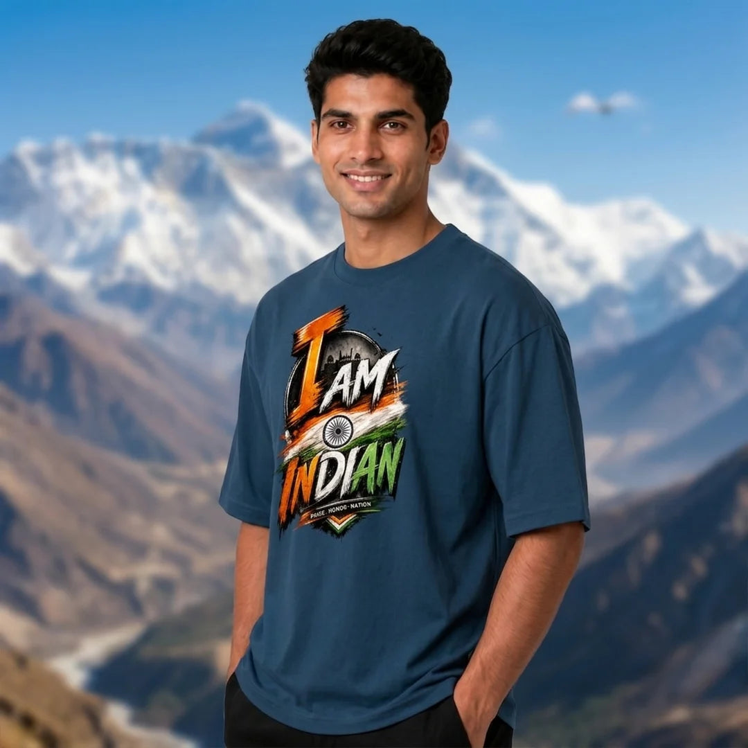 Men's "I Am Indian" Pride Oversized Graphic T-Shirt - 240 GSM Pure Cotton, Bio-Washed