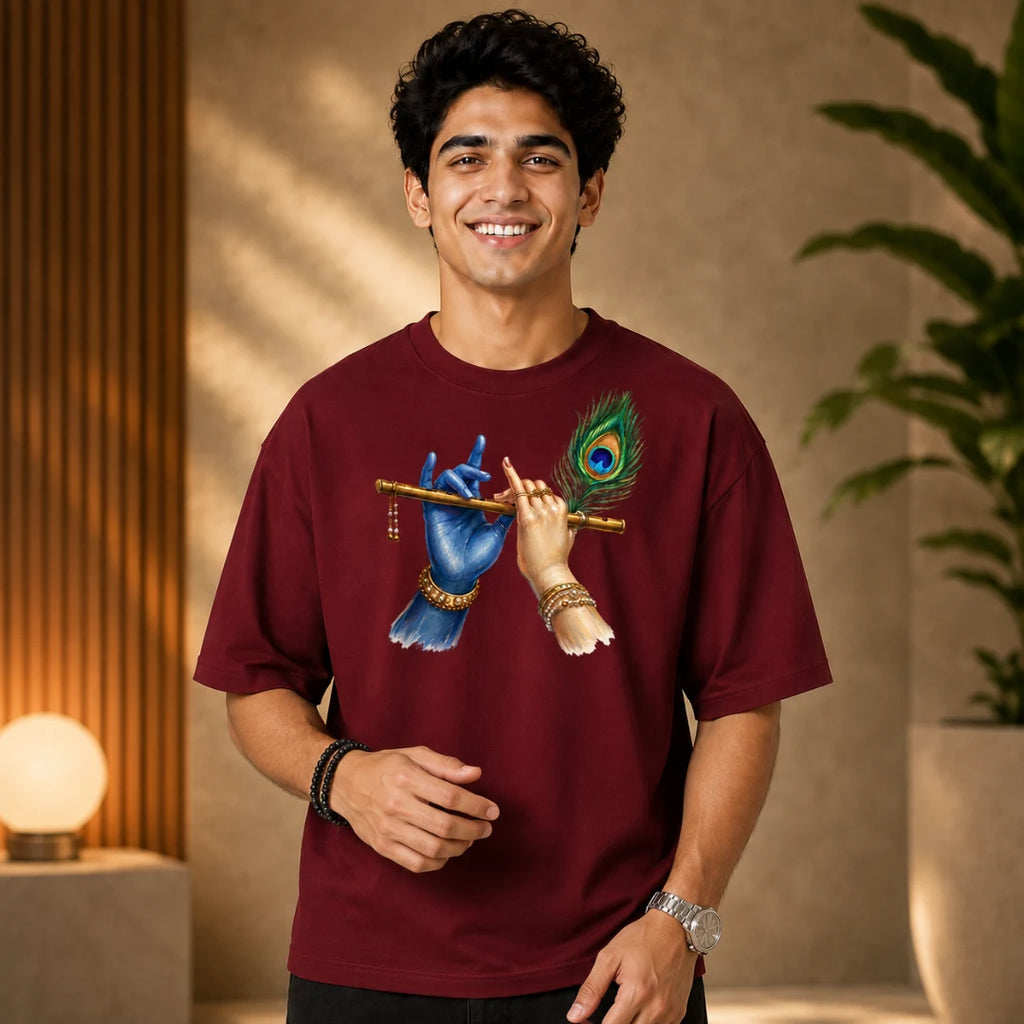 Excello Men's Divine Krishna Flute Graphic Oversized T-Shirt - 240 GSM Pure Cotton, Bio-Washed